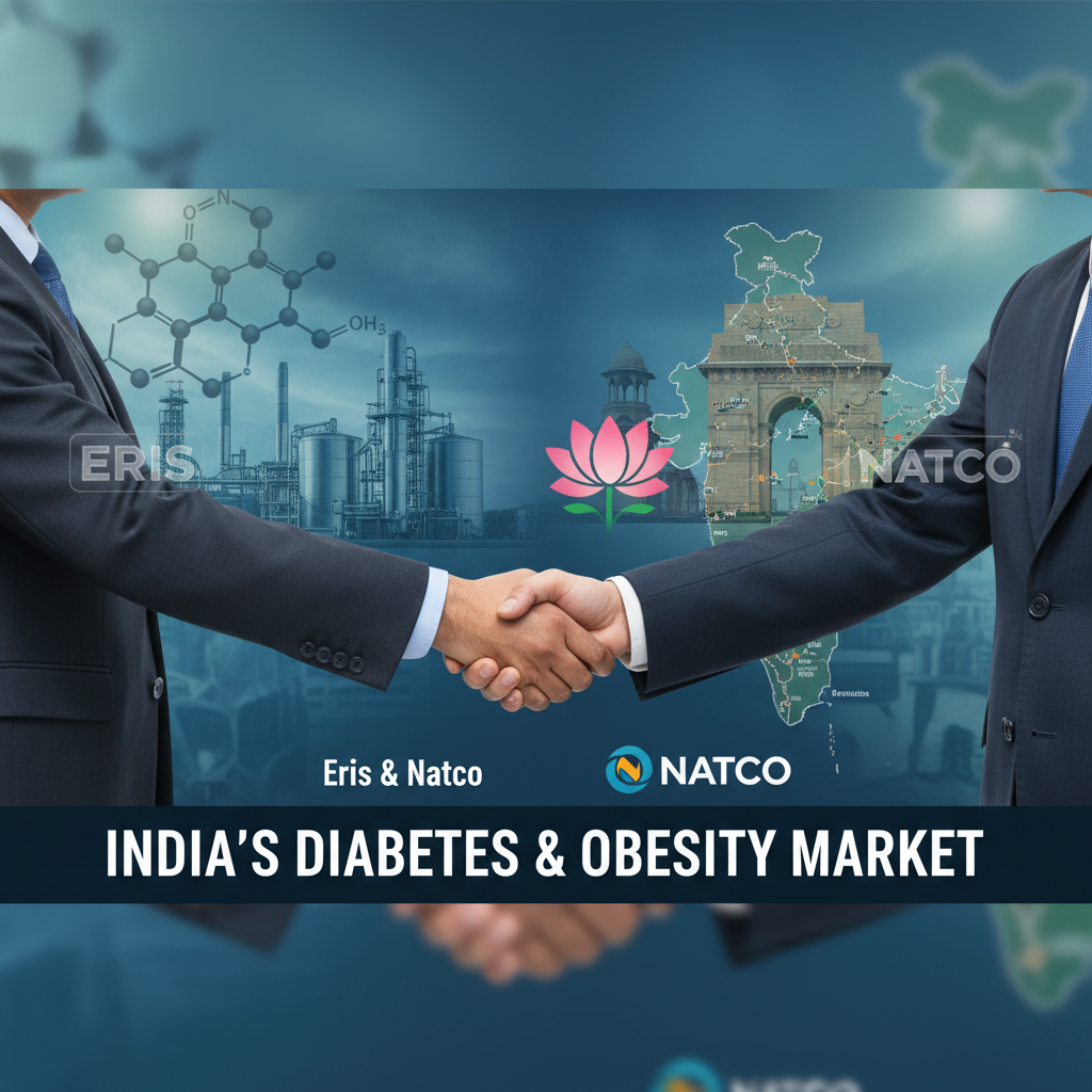 Two businessmen shaking hands, with a pharmaceutical factory, India map, and chemical structure in the background.