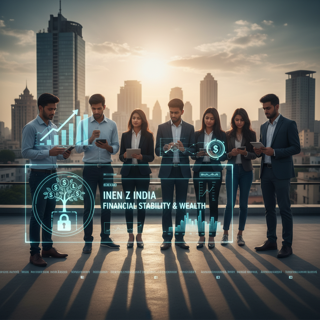 Six young Indian professionals on a rooftop, engaging with futuristic financial data displays and a city skyline at sunset.