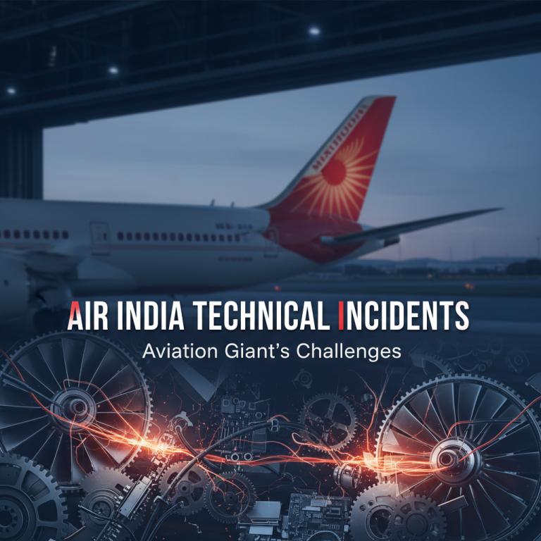 A professional image depicting an Air India aircraft with glowing red lines symbolizing technical issues and aerospace components.