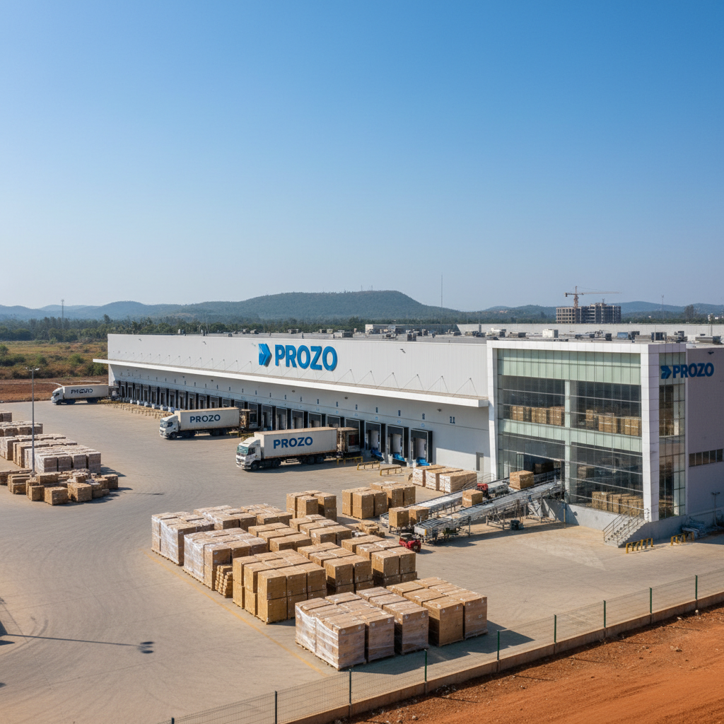 An aerial view of a large, modern logistics warehouse facility with trucks, pallets of goods, and the Prozo logo.