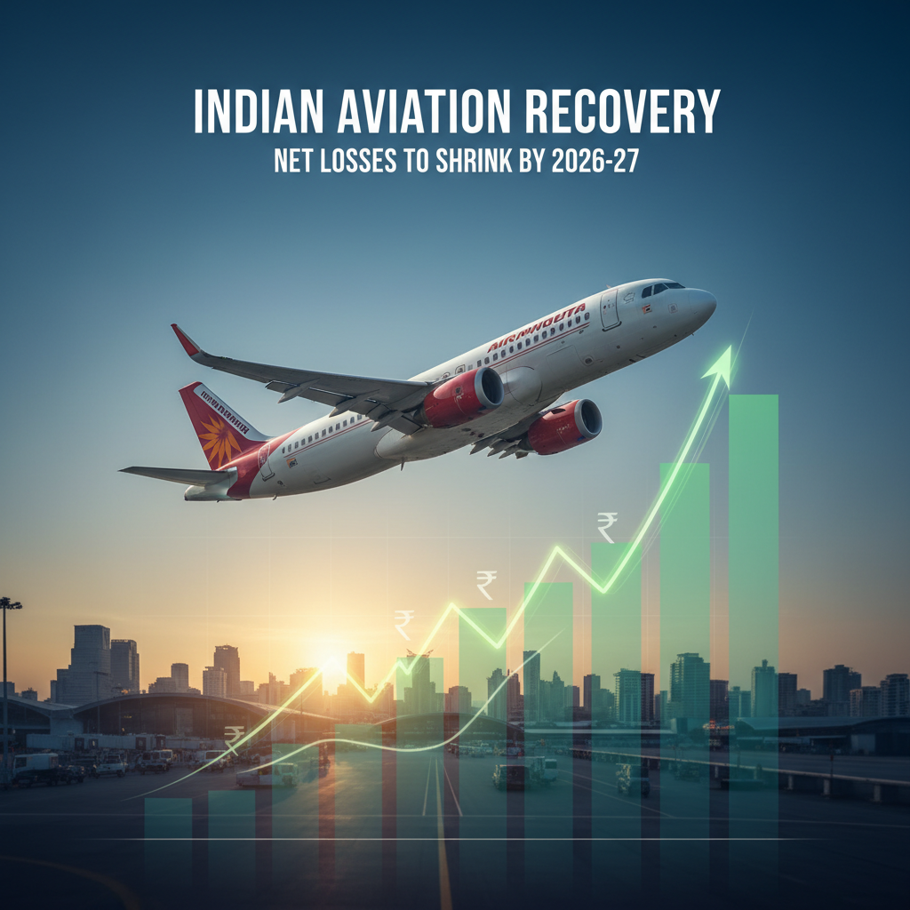 An airplane taking off over a city skyline at sunset, with an overlaid green upward-trending graph and rupee symbols.