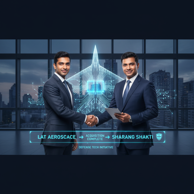 Two businessmen shaking hands in a modern office with a holographic fighter jet overlay, symbolizing a defense tech acquisition.