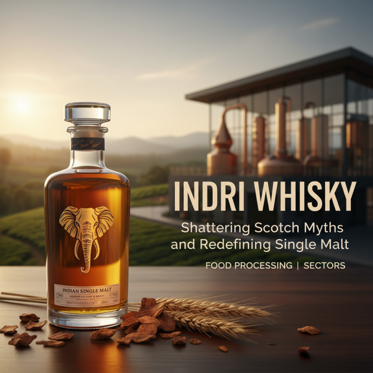 A bottle of Indri Indian Single Malt whisky with an elephant logo, set against a distillery and lush green landscape.
