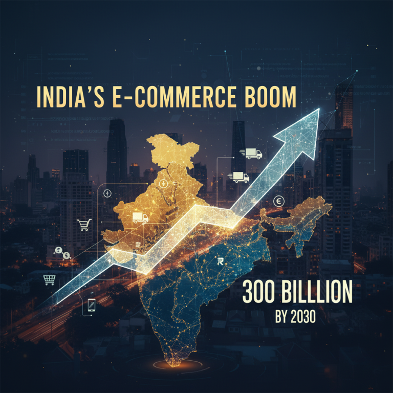 A map of India overlaid with a rising arrow, e-commerce icons, and text indicating a $300 billion market by 2030.