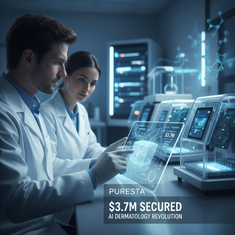 Two scientists in lab coats examining a holographic display showing a 3D skin model and financial data.