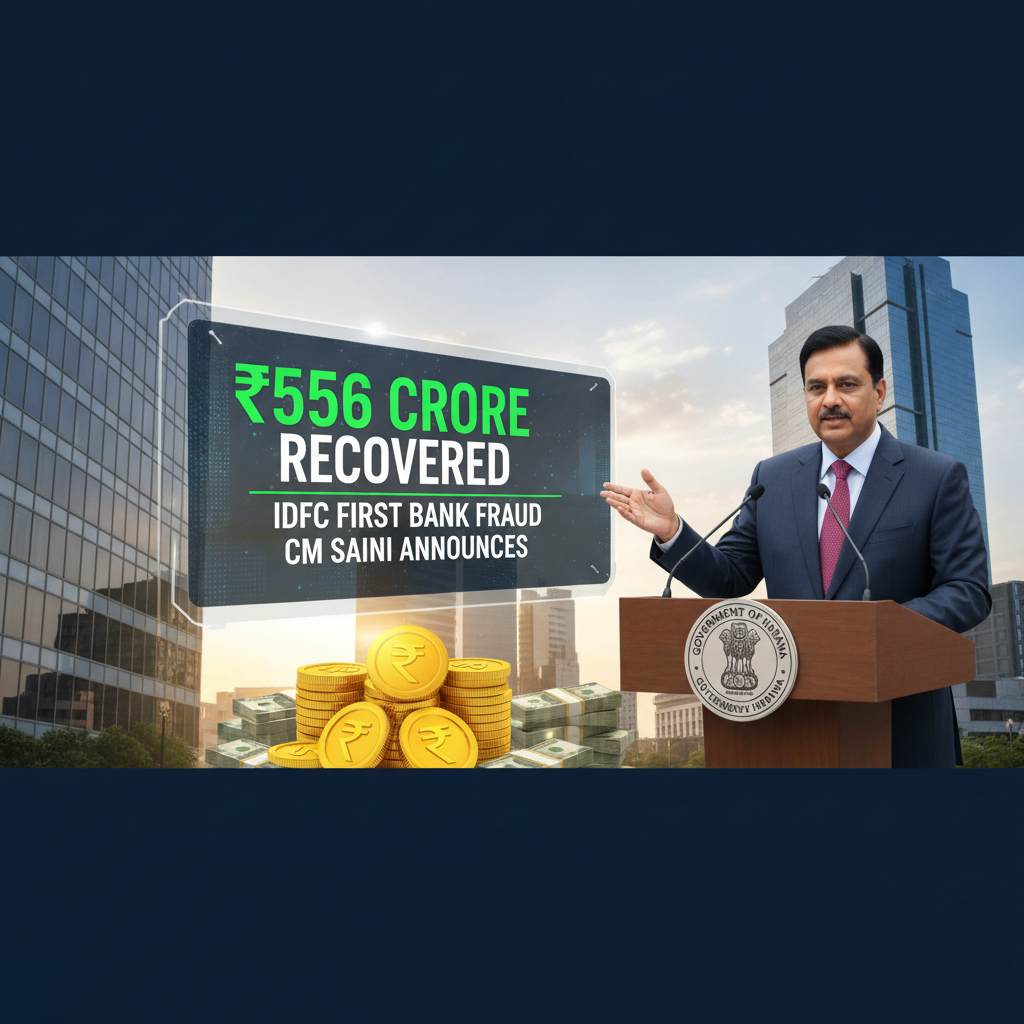 Haryana CM Saini at a podium, with a digital overlay showing "₹556 Crore Recovered" and stacks of cash and coins.