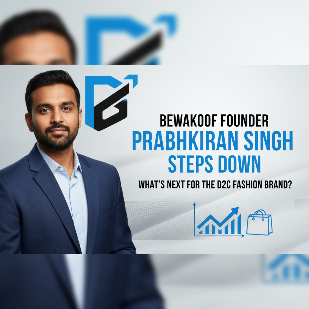 Professional featured image for an article about Bewakoof founder Prabhkiran Singh stepping down, with a focus on D2C fashion.