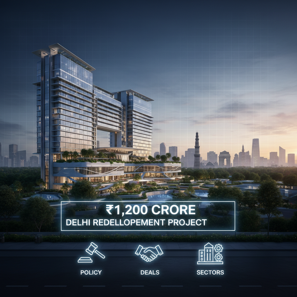 A modern, high-rise hotel complex with a cityscape of Delhi in the background, featuring the India Gate and Qutub Minar.