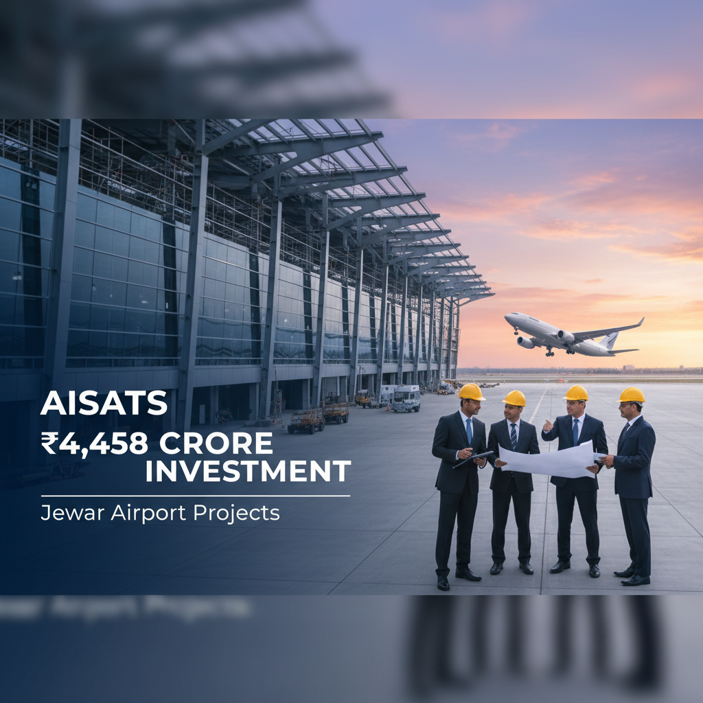 Architects and engineers reviewing blueprints at an airport with a plane taking off, illustrating airport investment.