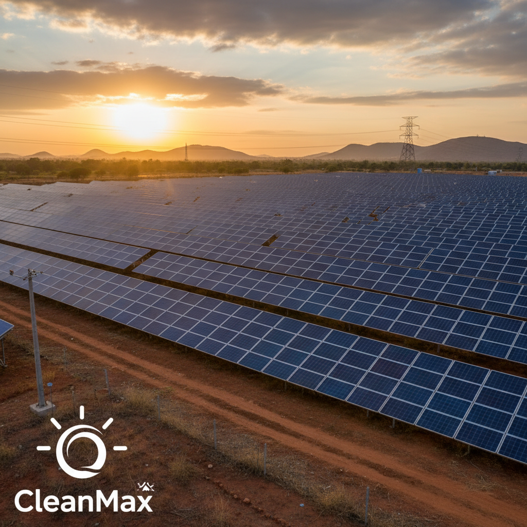 A vast solar farm stretching into the distance under a dramatic sunset, with power lines and hills in the background.