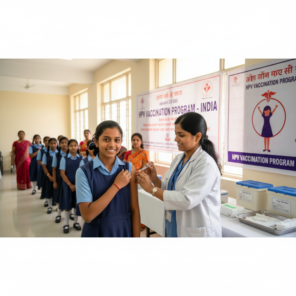 A young Indian girl receiving an HPV vaccine from a healthcare worker, with other girls waiting in line.
