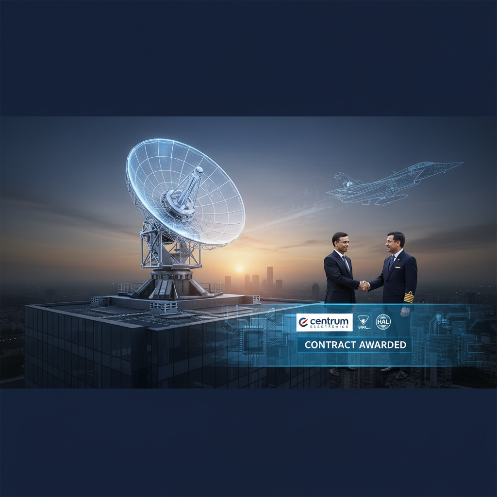 Two men in suits shake hands above a cityscape, with a radar dish and a fighter jet hologram.
