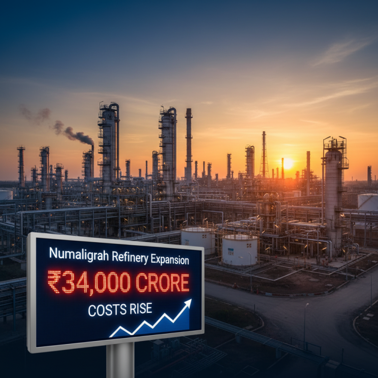 A professional image of a refinery at sunset with a digital billboard showing "Numaligarh Refinery Expansion ₹34,000 CRORE COSTS RISE" and an upward arrow.