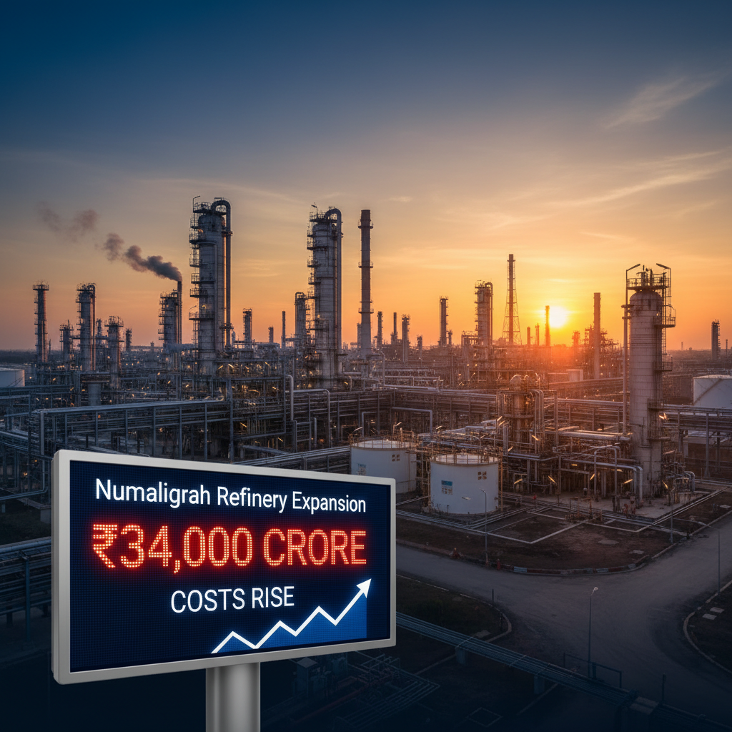 A professional image of a refinery at sunset with a digital billboard showing "Numaligarh Refinery Expansion ₹34,000 CRORE COSTS RISE" and an upward arrow.
