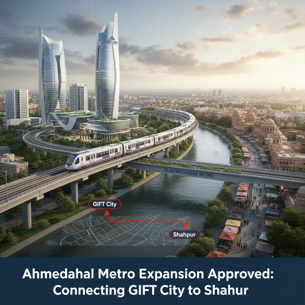 An aerial view of the Ahmedabad Metro line crossing a river, with modern skyscrapers of GIFT City in the background.