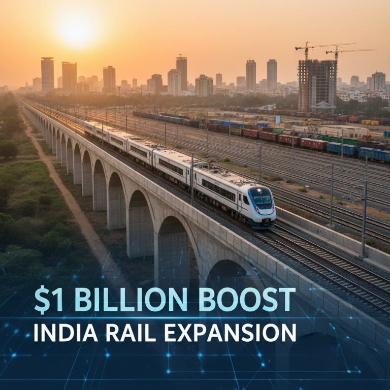 A modern Indian train speeding on an elevated track with a city skyline at sunset and text "$1 BILLION BOOST INDIA RAIL EXPANSION."