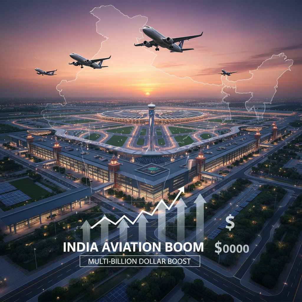 A modern airport with planes taking off against a sunset, overlaid with an outline of India and growth charts.