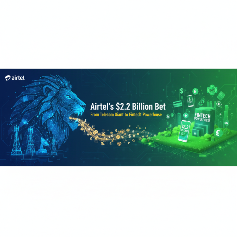 A powerful visual representing Airtel's transformation from a telecom giant to a fintech powerhouse, with a lion symbolizing strength and currency flowing.