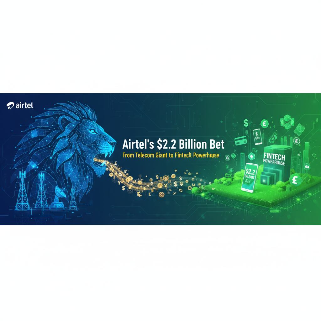 A powerful visual representing Airtel's transformation from a telecom giant to a fintech powerhouse, with a lion symbolizing strength and currency flowing.