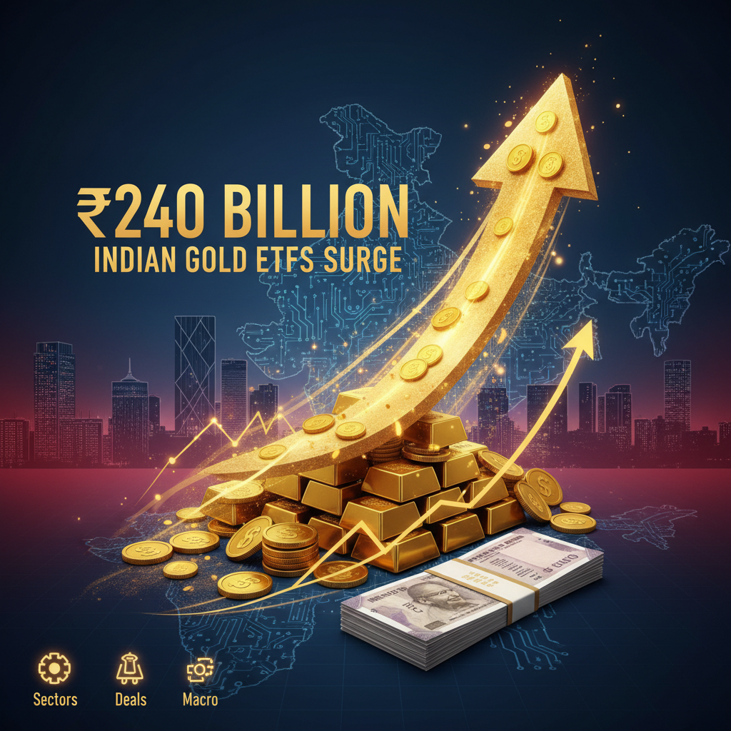 An upward-trending gold arrow with coins, gold bars, and Indian rupees against a map of India.