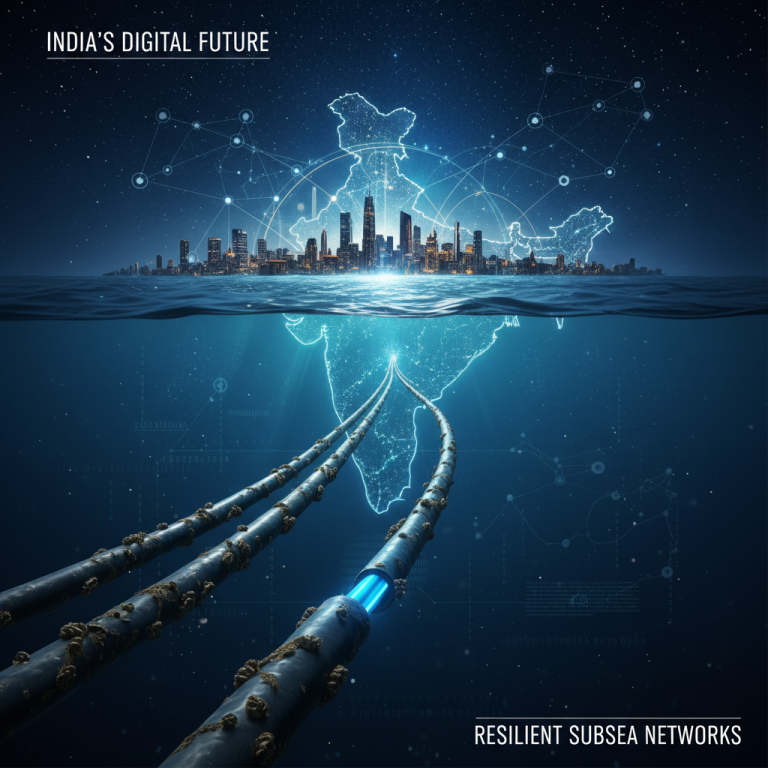 An image depicting India's digital future with subsea cables connecting to a futuristic city skyline.