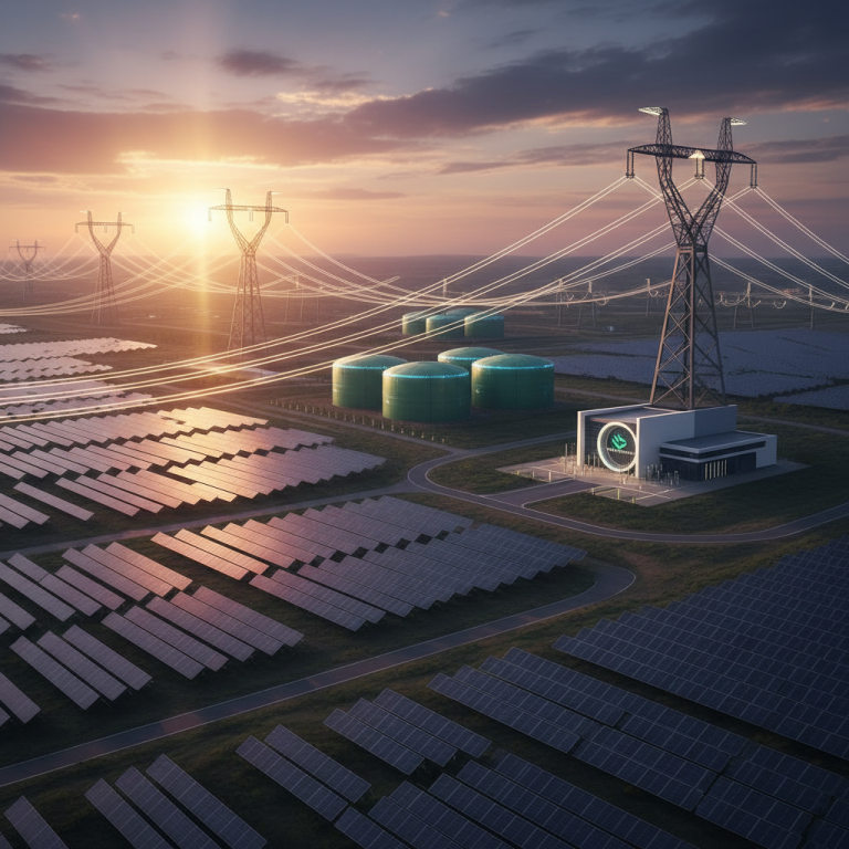 An expansive solar farm with numerous solar panels, large green energy storage tanks, and high-voltage power lines at sunset.