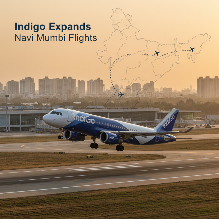 An IndiGo airplane takes off from a runway with a city skyline in the background, showing flight paths over an India map.