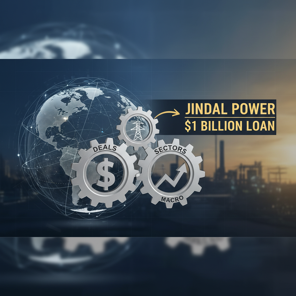 Gears labeled "Deals," "Sectors," and "Macro" with a power pylon, linked to "Jindal Power $1 Billion Loan."
