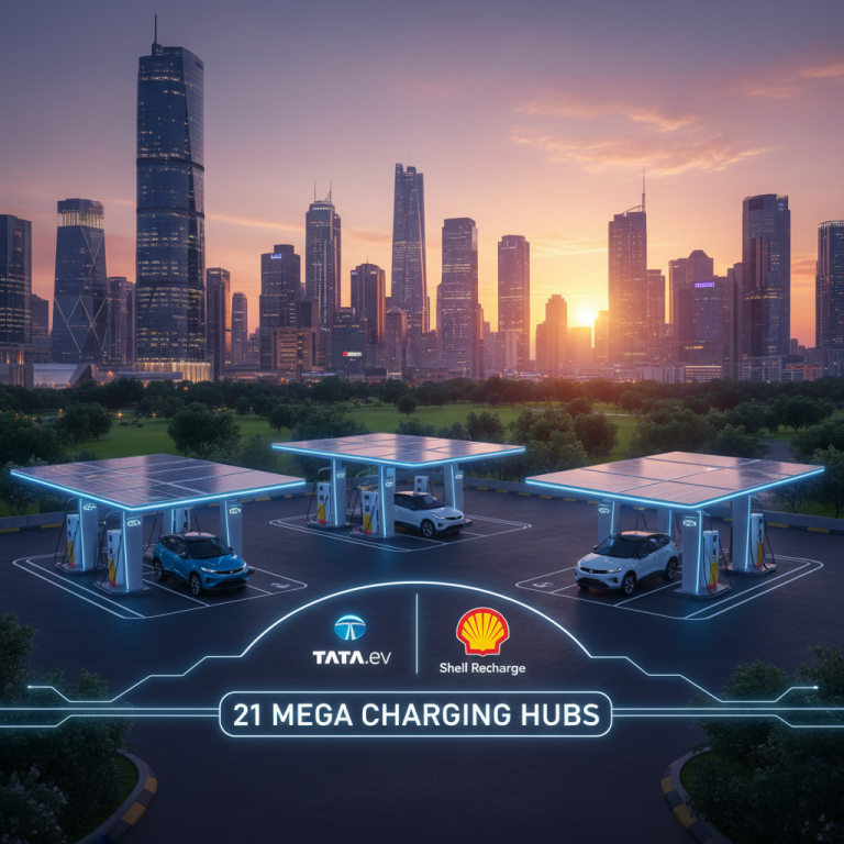 A modern EV charging station with TATA.ev and Shell logos, cars charging, and a city skyline at sunset.