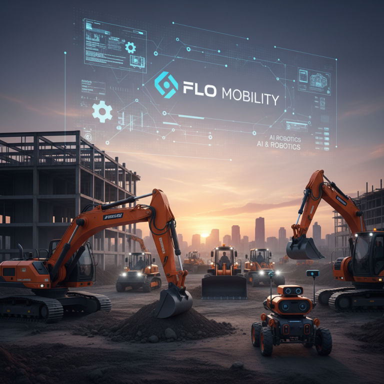 A modern construction site at sunset with heavy machinery and autonomous robots, overlaid with a holographic Flo Mobility logo.