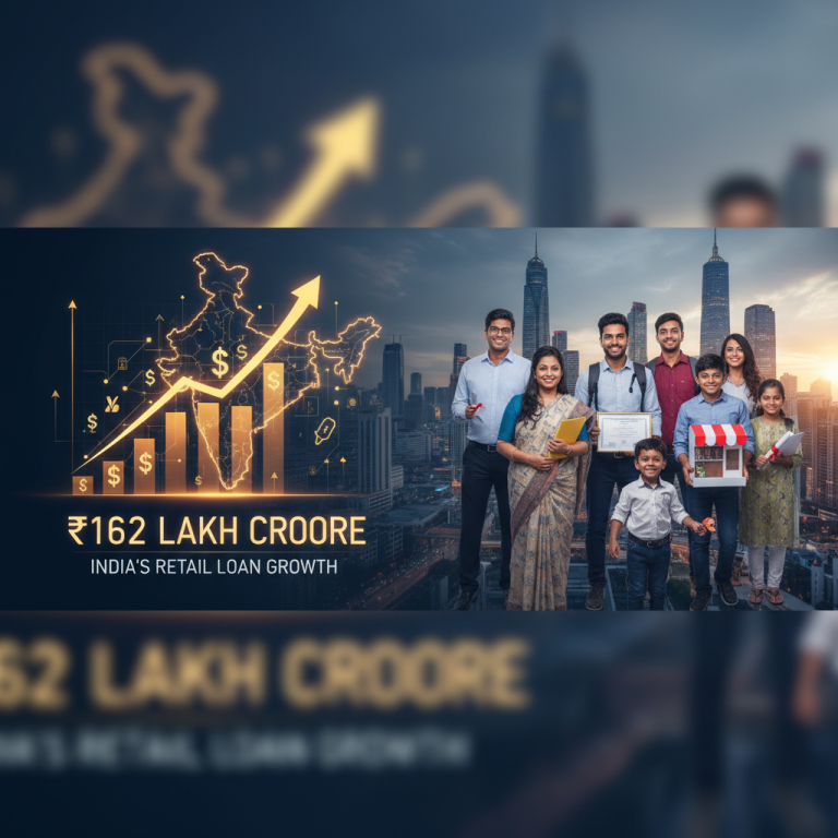 A family stands in front of a city skyline, with a glowing map of India and financial charts overlaid, indicating growth.