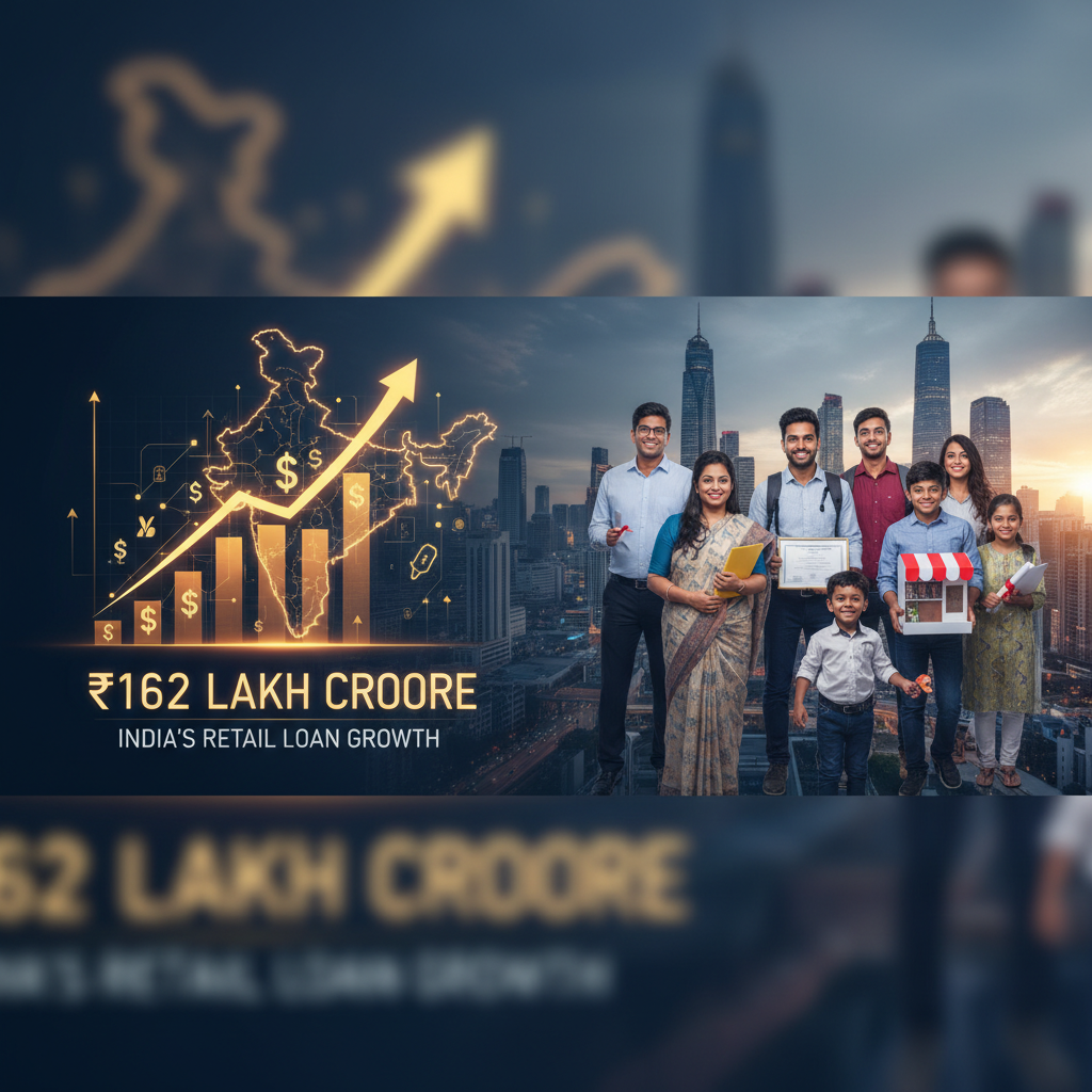 A family stands in front of a city skyline, with a glowing map of India and financial charts overlaid, indicating growth.