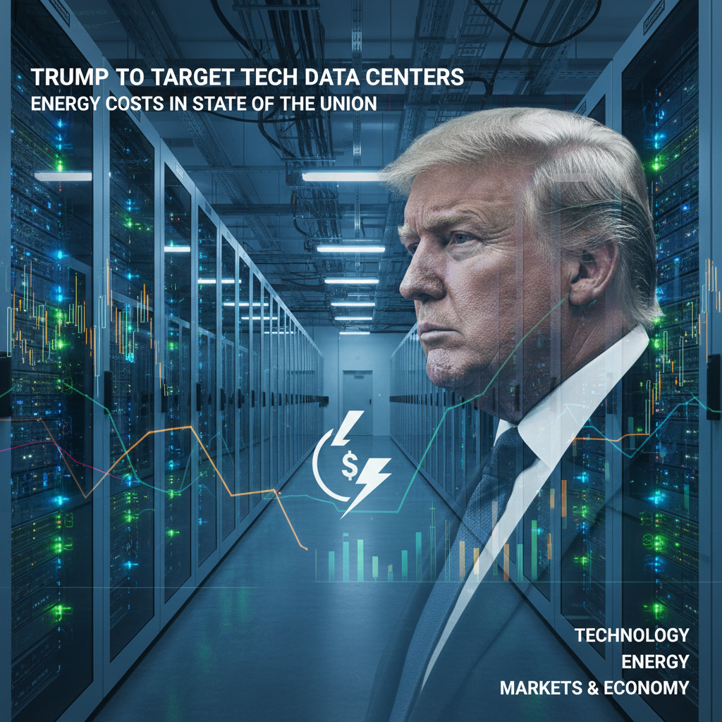 Donald Trump's profile overlaid on a server room, with energy cost graphics.