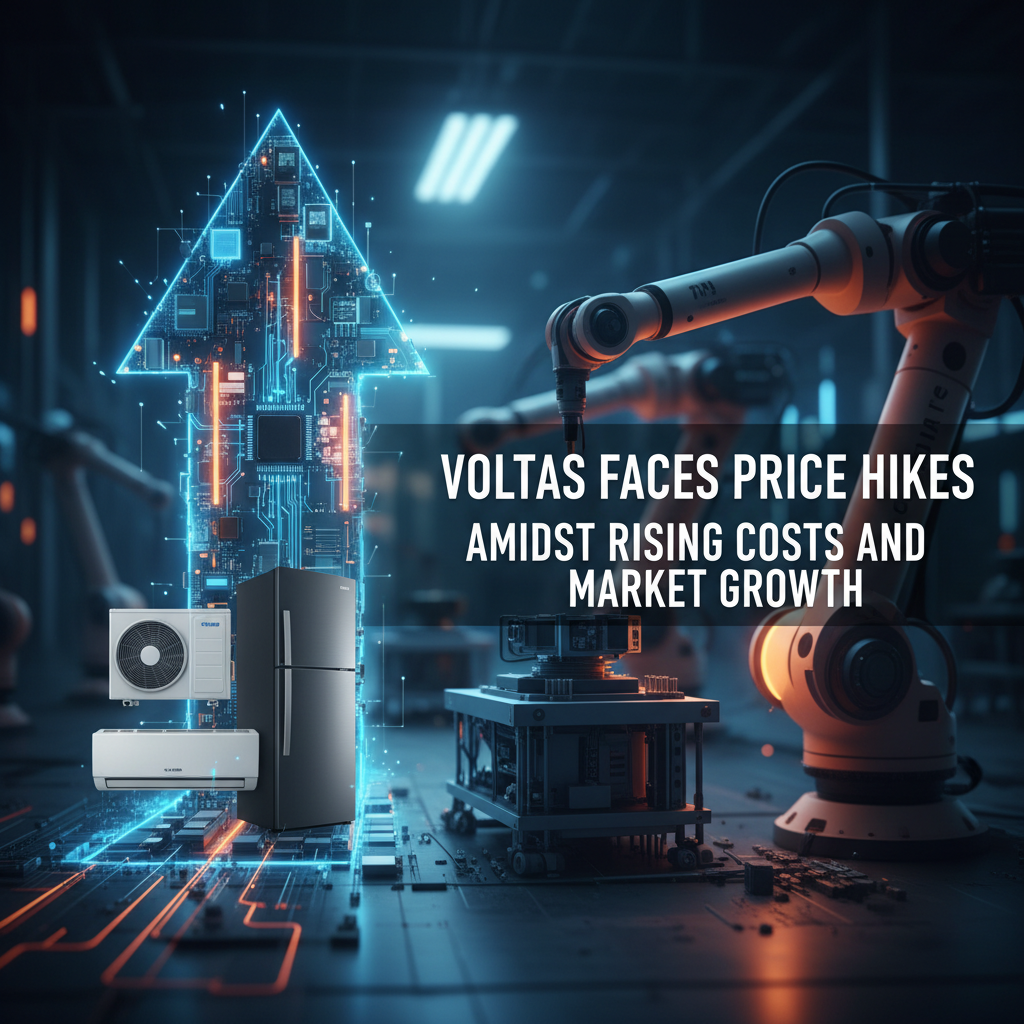 An upward arrow made of circuit board patterns in a factory setting, with Voltas appliances and robotic arms.