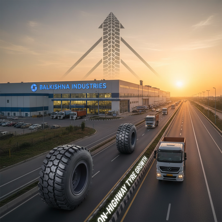 A modern tire factory with trucks on an adjacent highway at sunset, symbolizing growth.
