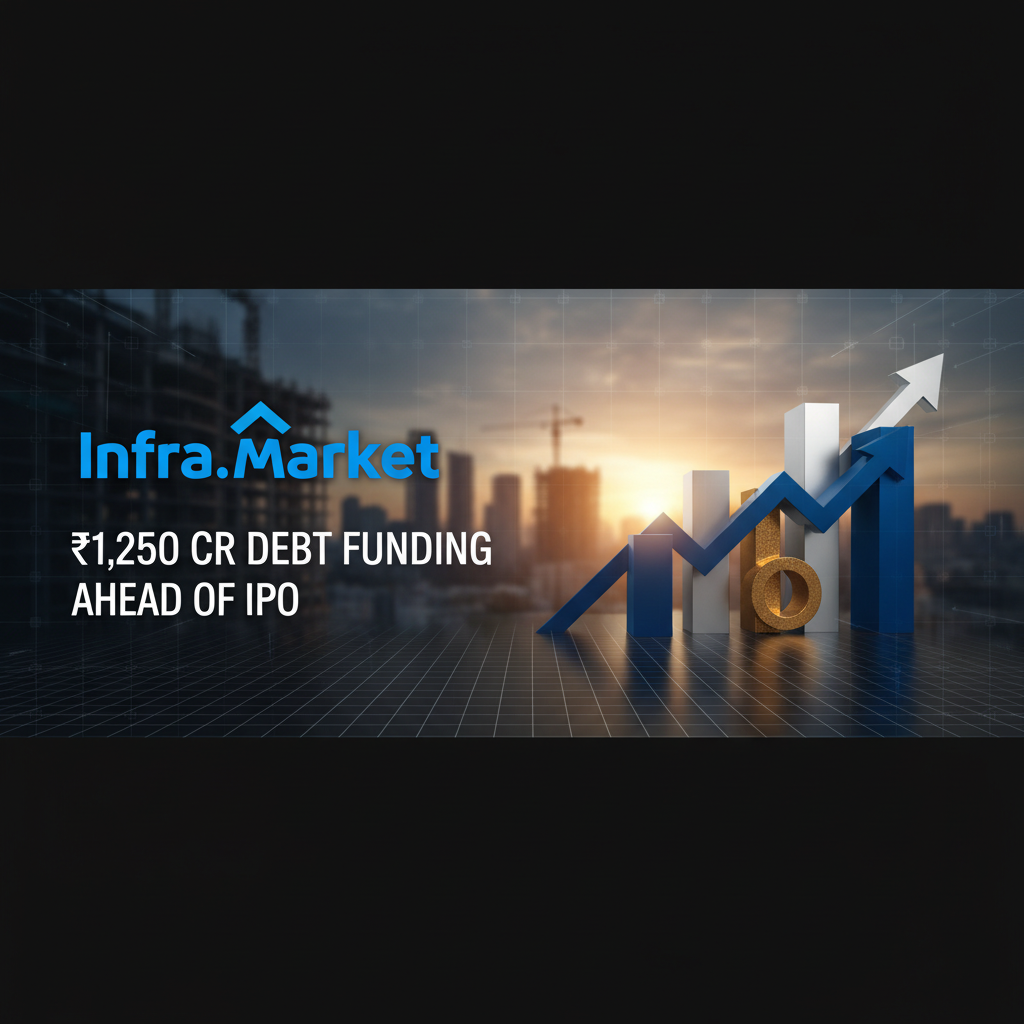 A professional image showing the Infra.Market logo, a financial growth graph, and a city skyline at sunset.