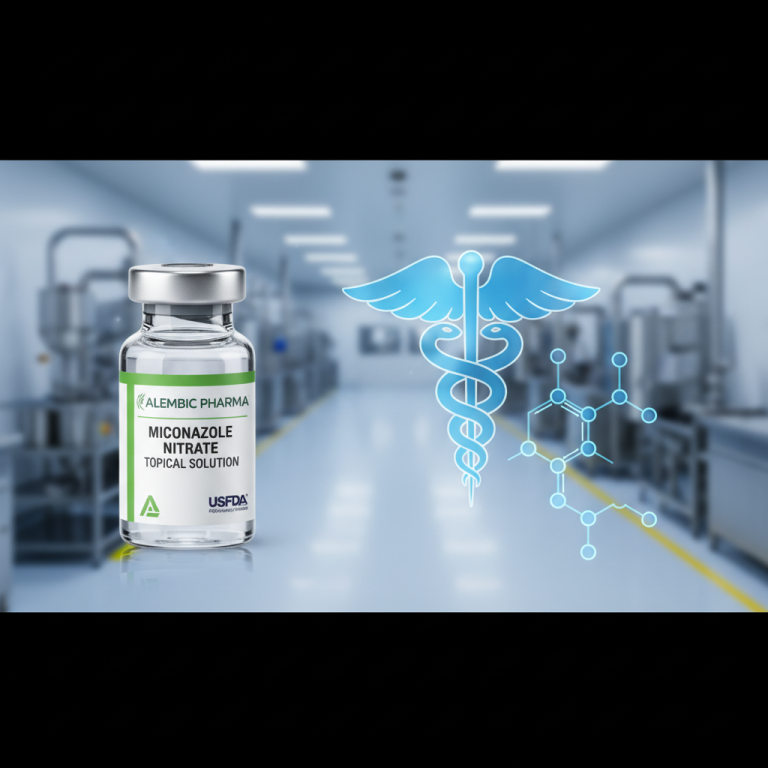 Vial of Miconazole Nitrate Topical Solution with USFDA logo, Caduceus symbol, and chemical structure in a pharma factory.