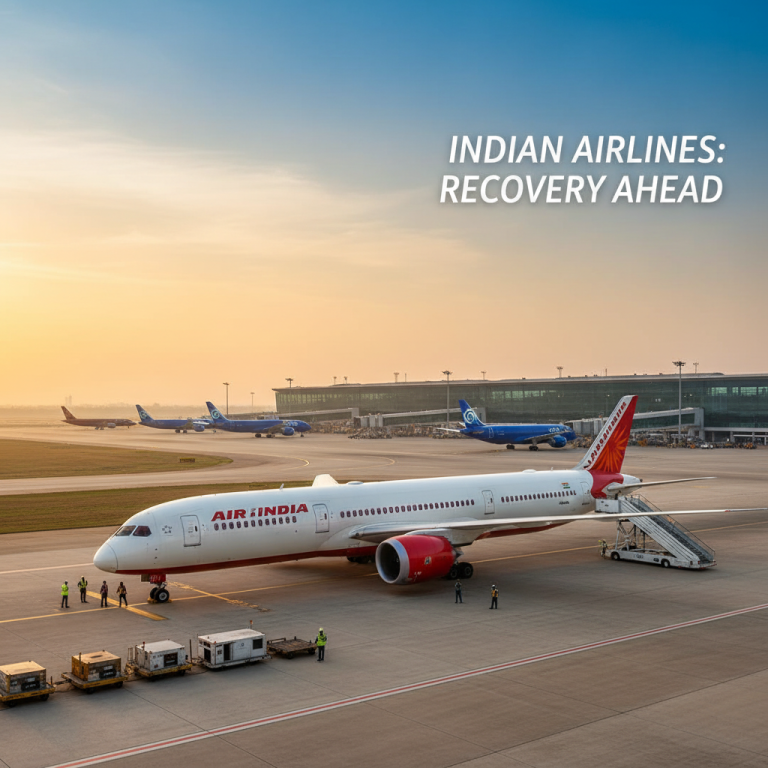 Air India plane at sunrise, other planes in background, airport terminal.