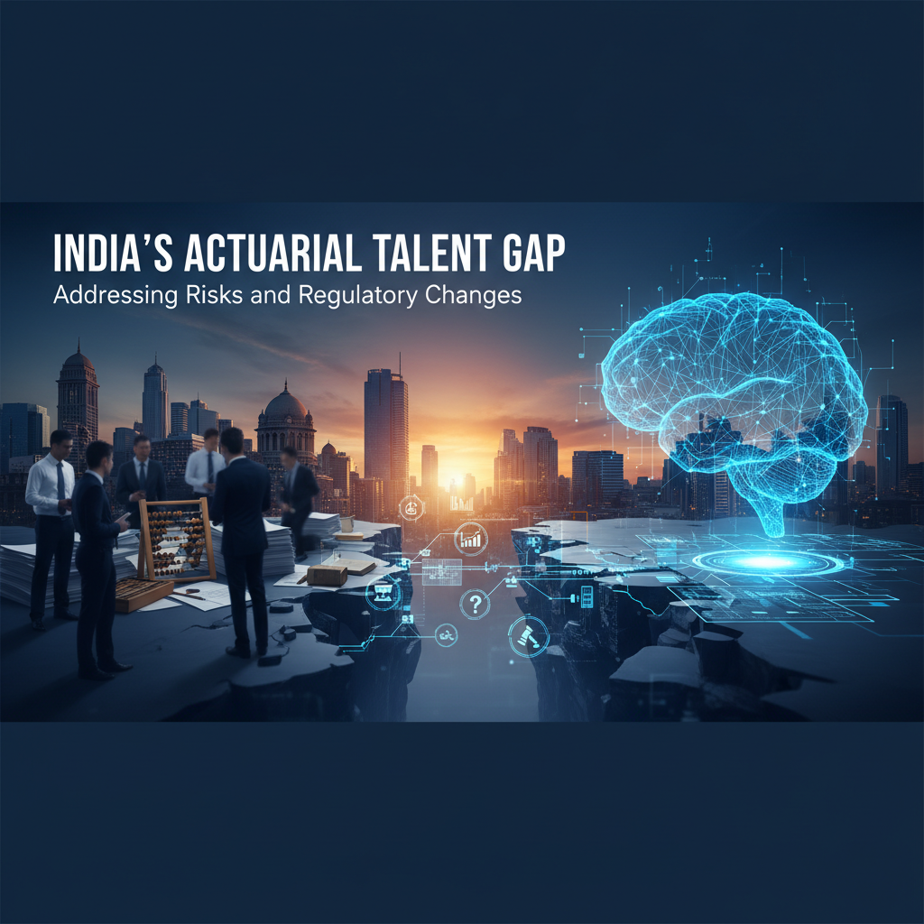 Professionals and abacus on a cracked digital landscape under a glowing brain, symbolizing actuarial challenges.