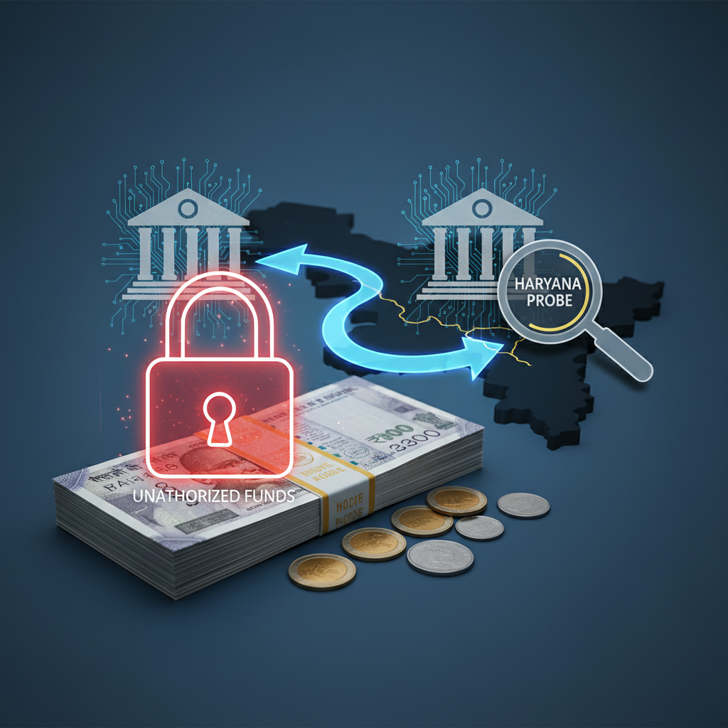 Digital illustration of a lock, money, and magnifying glass over a map of Haryana, symbolizing a financial probe.