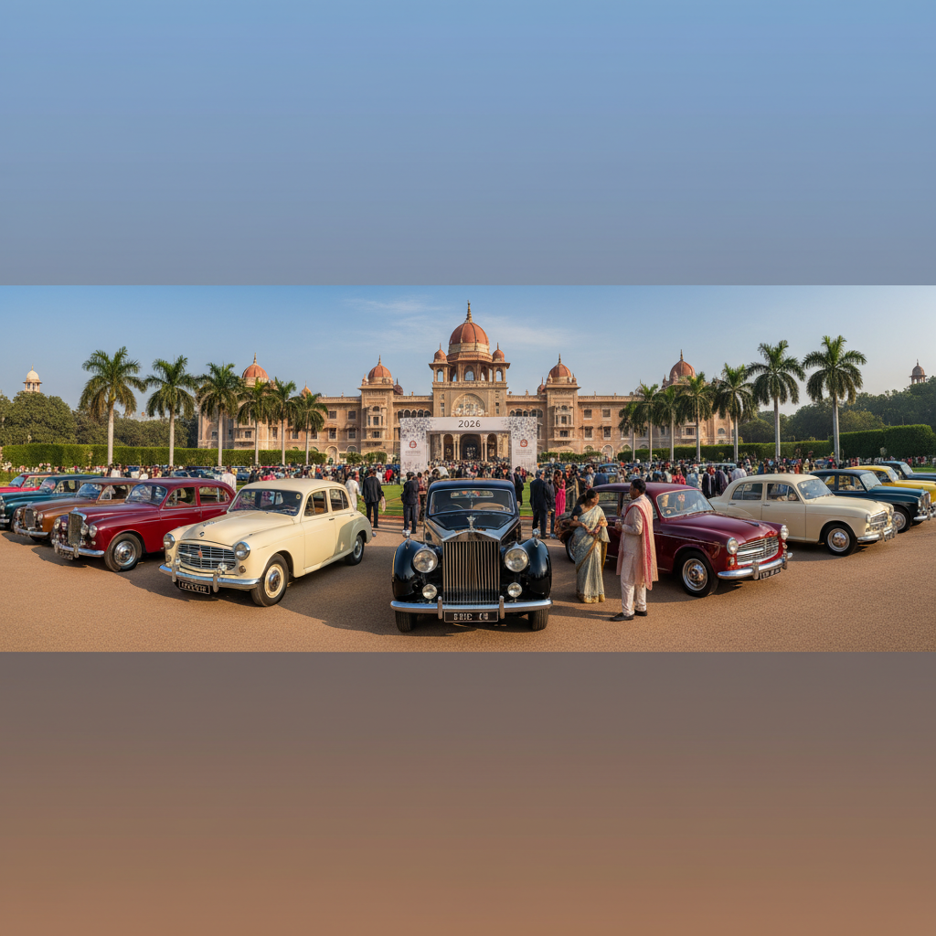 A wide shot of numerous vintage and classic cars displayed in front of a grand Indian palace under a clear sky.