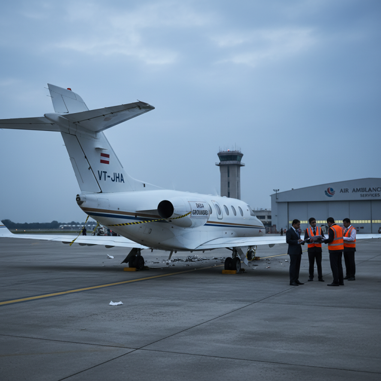 A grounded Learjet aircraft on an airfield with DGCA officials inspecting it, under an overcast sky.
