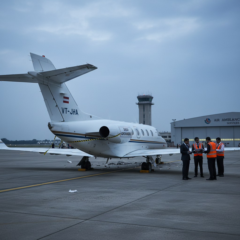 A grounded Learjet aircraft on an airfield with DGCA officials inspecting it, under an overcast sky.