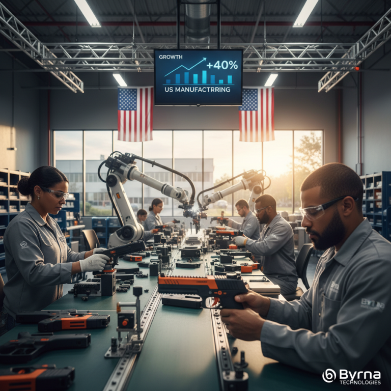 Diverse workers assemble products in a modern US factory with robotic arms, overseen by a screen showing 40% growth in US manufacturing.