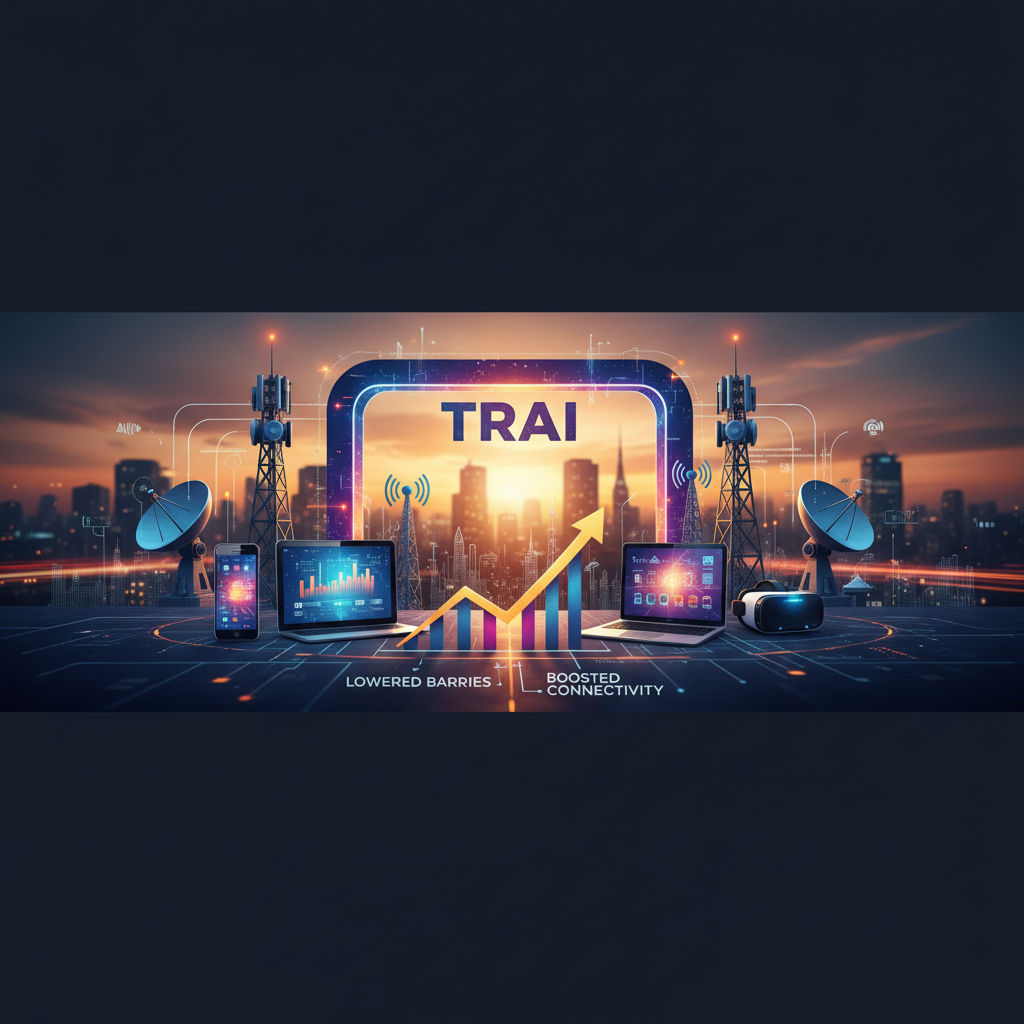 An image depicting telecommunication infrastructure, including towers, satellite dishes, and digital devices.