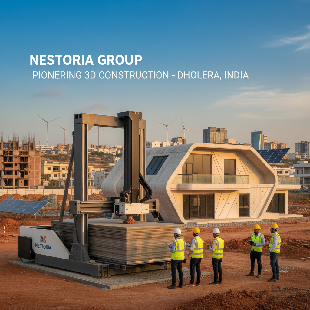 A 3D construction printer on a building site in Dholera, India, with engineers and a modern concrete building.