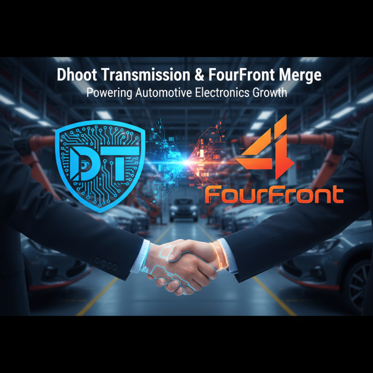 Two business people shaking hands, superimposed with circuit board patterns and company logos, in a factory setting.