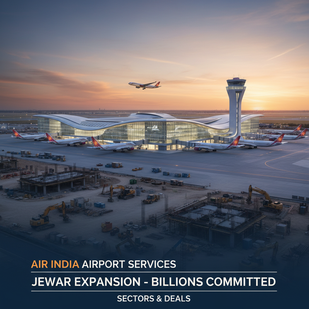 An airport at sunset, with airplanes, a control tower, and ongoing construction, symbolizing expansion.
