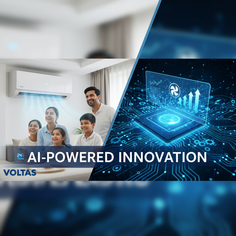 A family enjoying a cool room from an AC unit, contrasted with a circuit board symbolizing AI innovation.