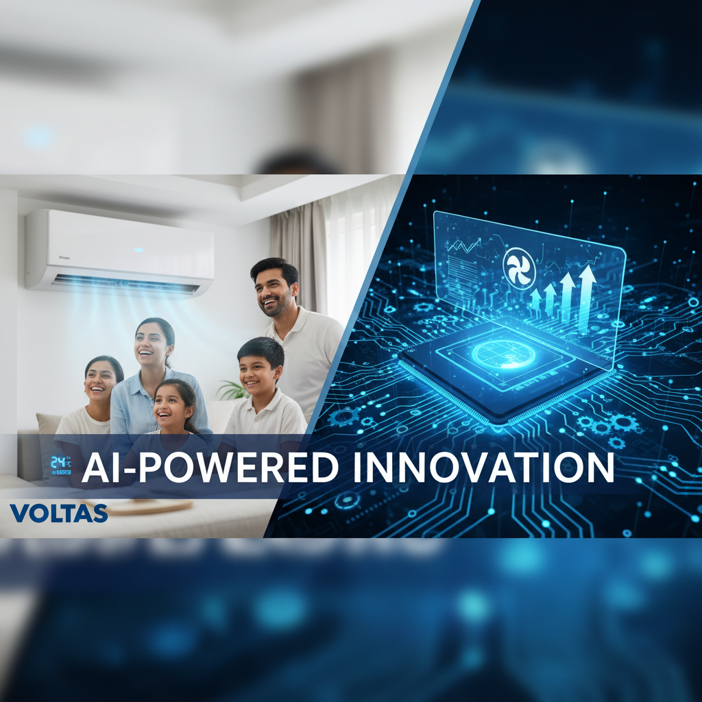 A family enjoying a cool room from an AC unit, contrasted with a circuit board symbolizing AI innovation.